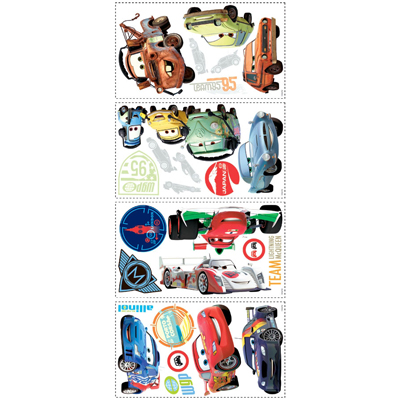 RoomMates wall decal Disney Pixar Cars, four decal sheets with various Cars characters and Team 95 motifs on a white background