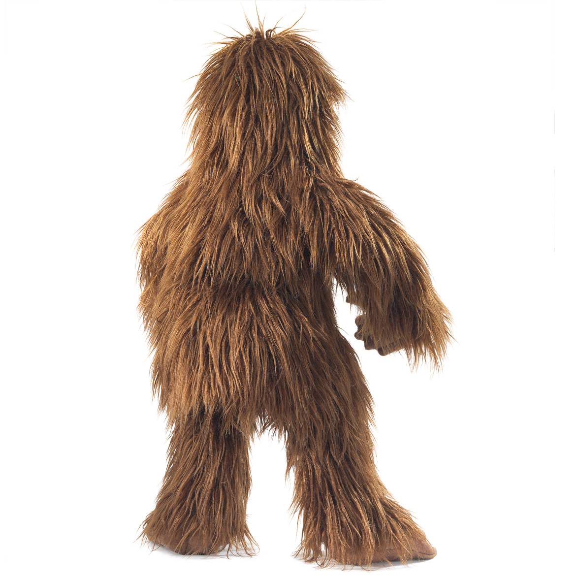 Folkmanis Handpuppe Bigfoot mit zottigem braunem Langhaarfell, stehend in Seitenansicht auf weißem Hintergrund