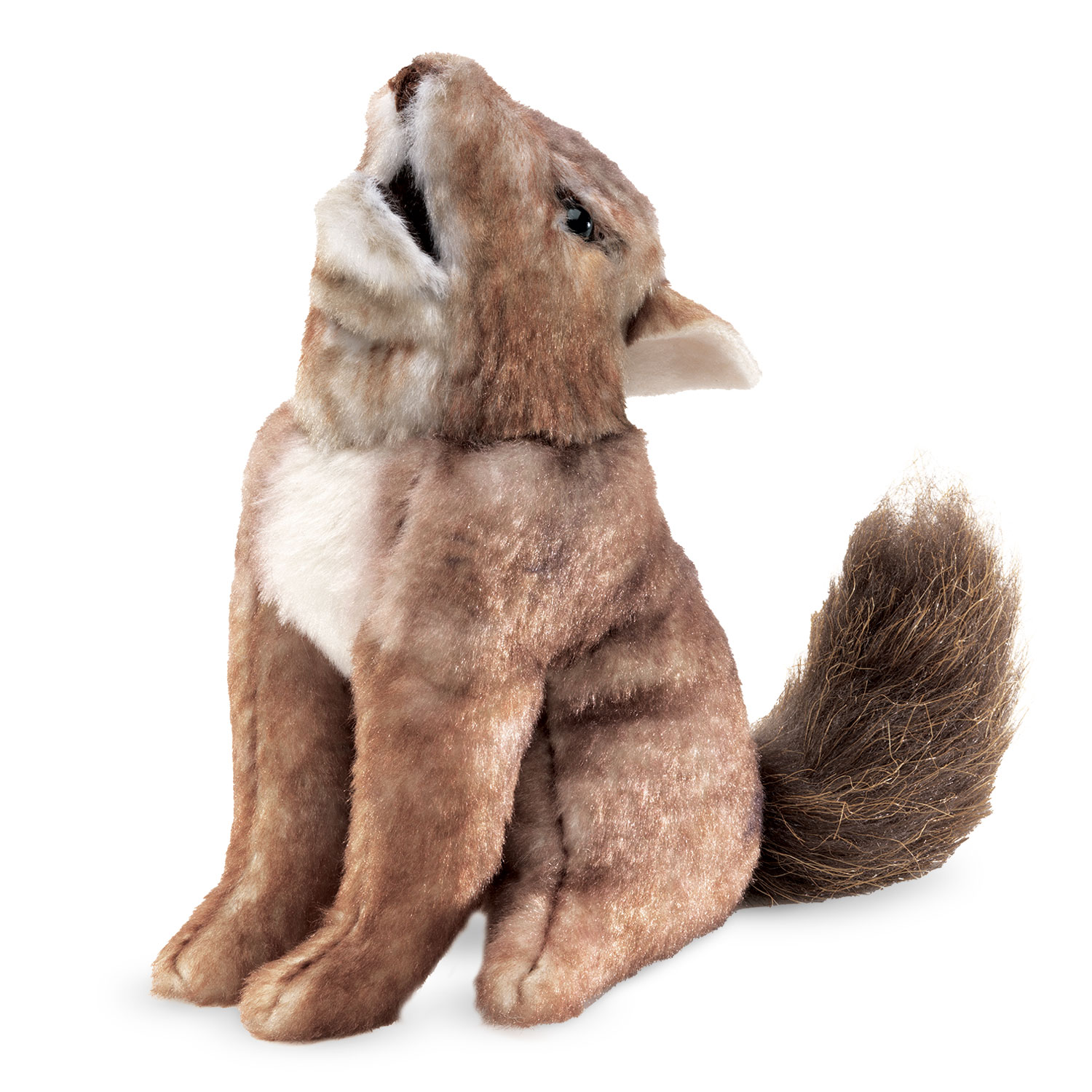 Folkmanis Mini-Fingerpuppe Kojote sitzend mit zurückgelegtem Kopf und buschigem Schwanz, braun-beiges Fell, Seitenansicht
