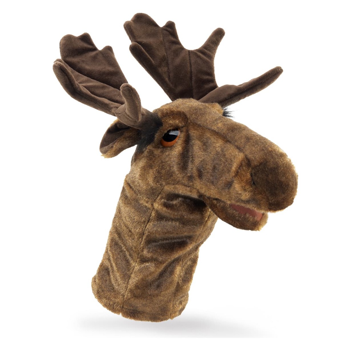 Folkmanis Elch-Handpuppe in Seitenansicht mit ausgeprägtem Schaufelgeweih und realistisch strukturiertem Braunfell