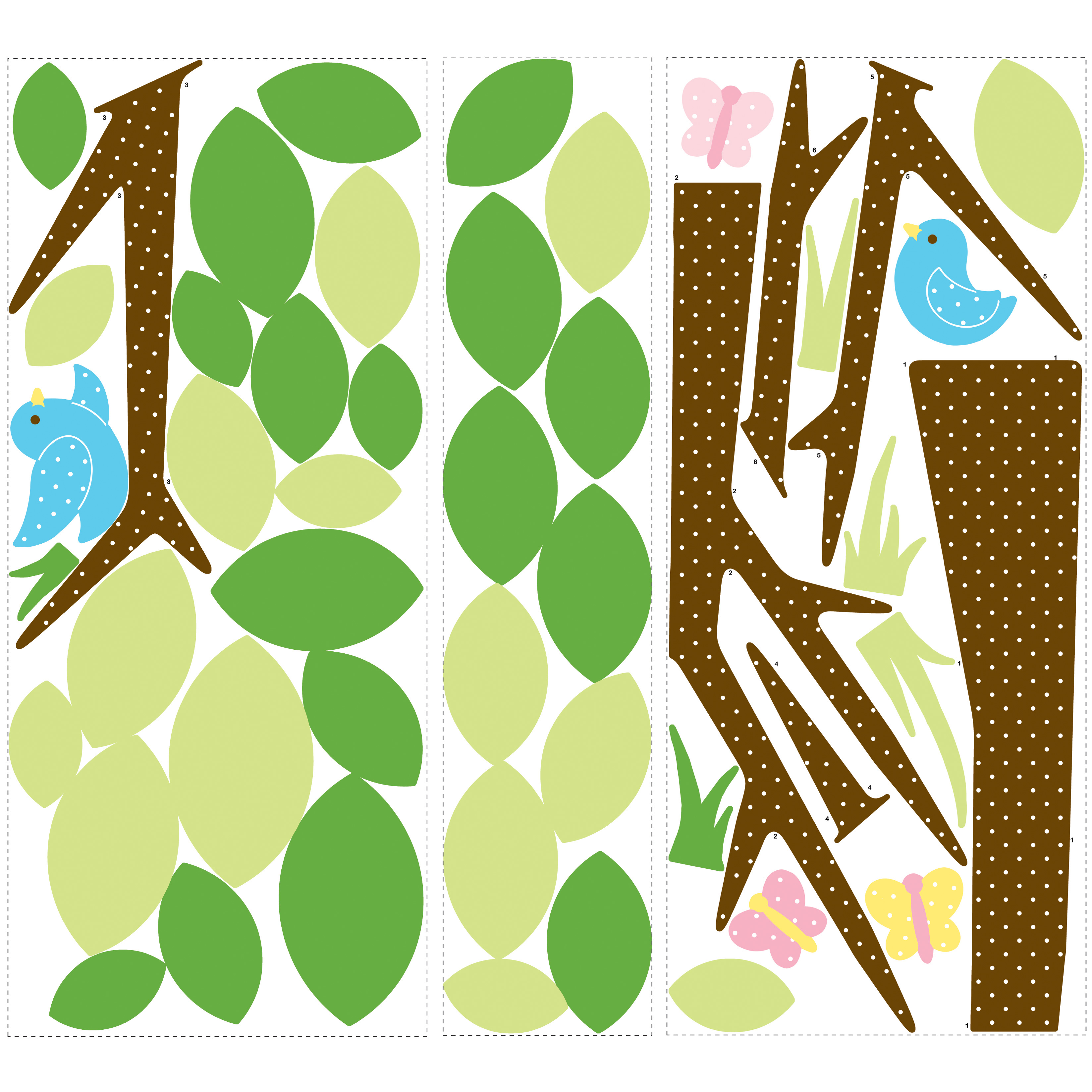 RoomMates wall decal Dotted Tree, three decal sheets with green leaves and polka-dot branch motifs on a white background
