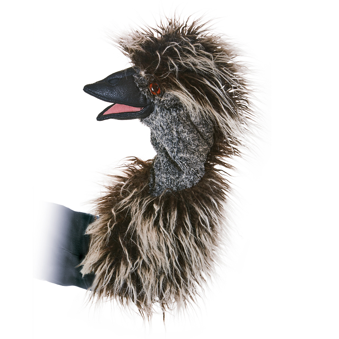 Folkmanis Emu-Handpuppe mit zottigem braun-weißem Gefieder, grauem Hals und geöffnetem schwarzem Schnabel, Seitenansicht