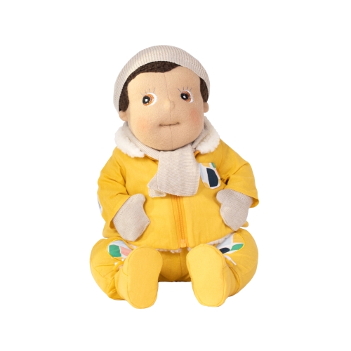Rubens Barn baby doll in the yellow outdoor set with knitted hat, scarf and mittens
