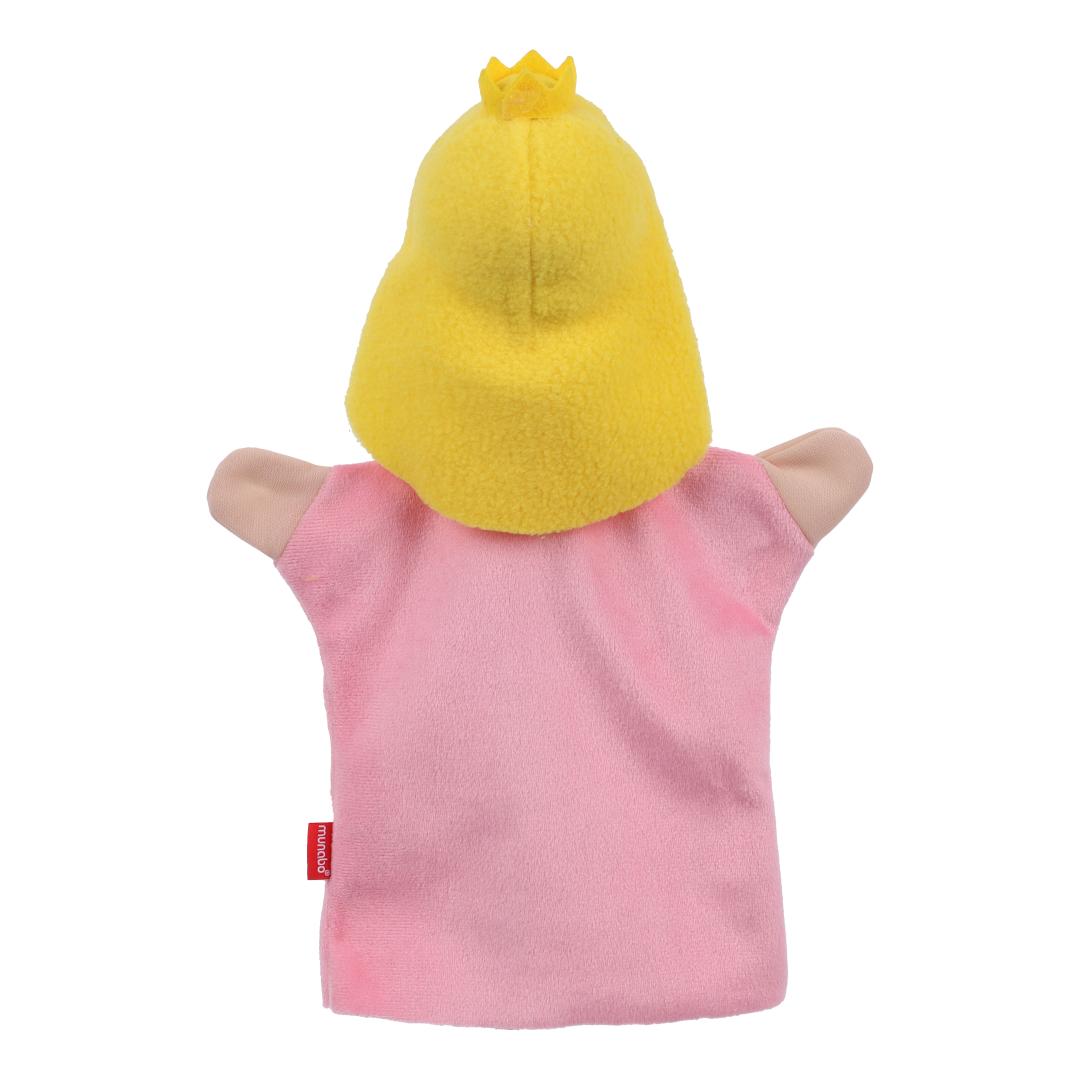 Kasperlepuppe Prinzessin von munabo, Rückansicht mit gelber Haarpracht über dem rosa Kleid.