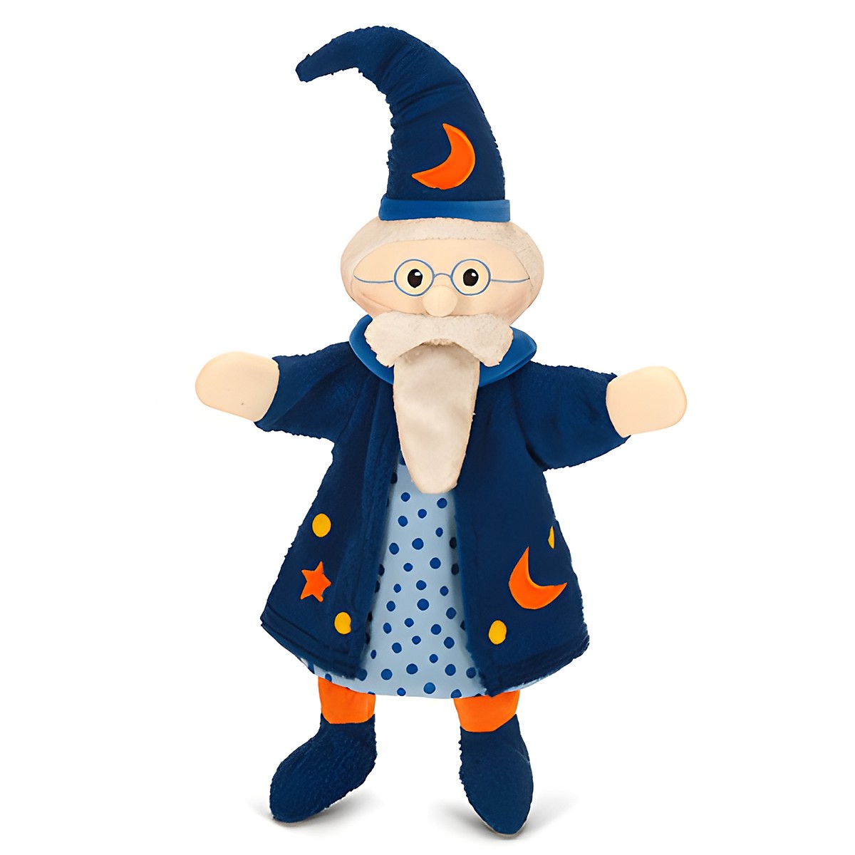 Sterntaler Baby-Handpuppe Zauberer, dunkelblauer Spitzhut mit Mond-Stickerei, weißer Bart und Sternenmantel