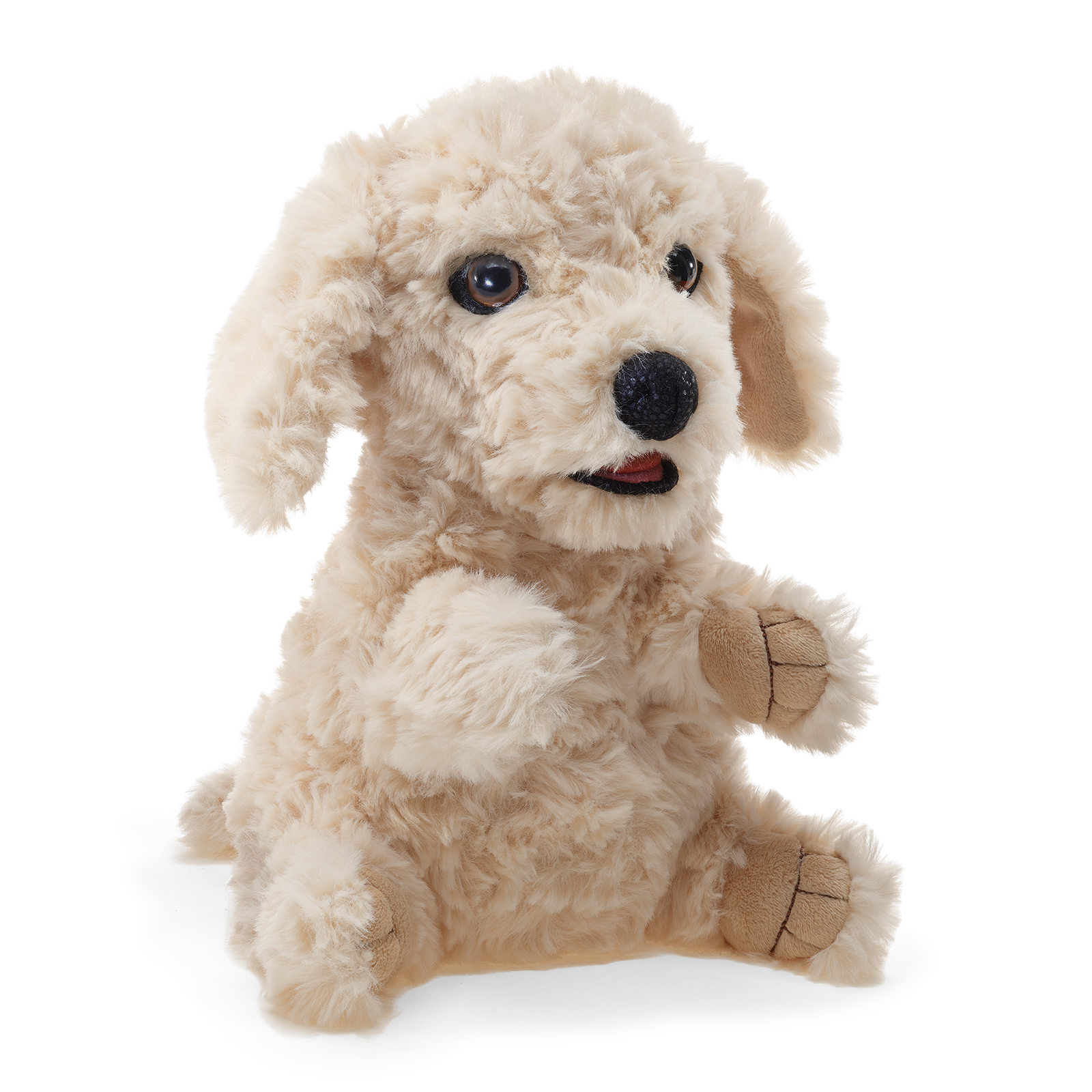 Folkmanis puppy hand puppet, sitting in a front view with cream curly fur, floppy ears and an open mouth.