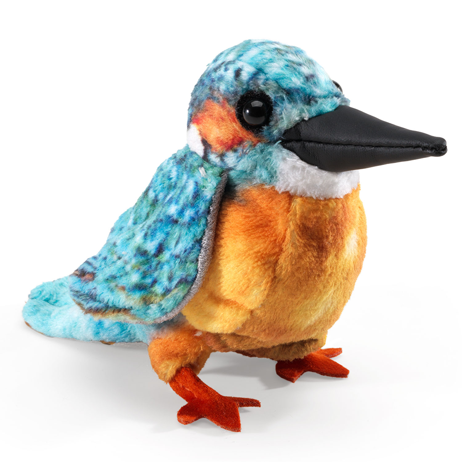 Folkmanis mini common kingfisher finger puppet with teal-blue plumage, orange belly and black beak, shown at an angle