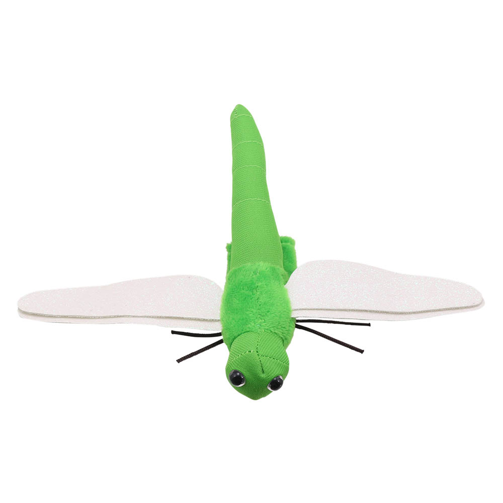 The Puppet Company finger puppet green dragonfly, green finger puppet with outstretched white wings, top view