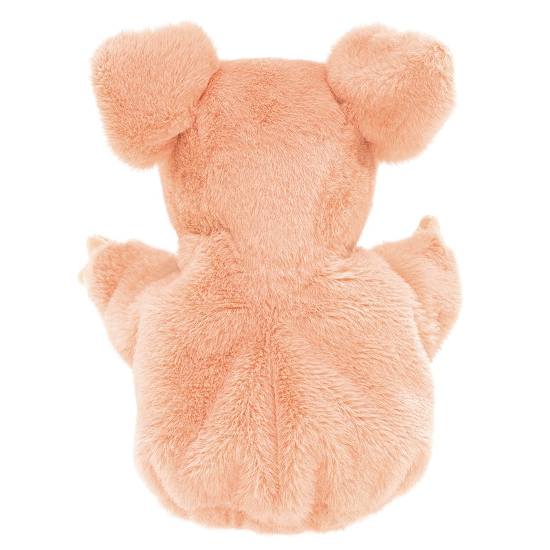 Folkmanis Handpuppe kleines Schwein in zartem Rosa, Rückenansicht mit abstehenden Öhren und weichem Plüschfell