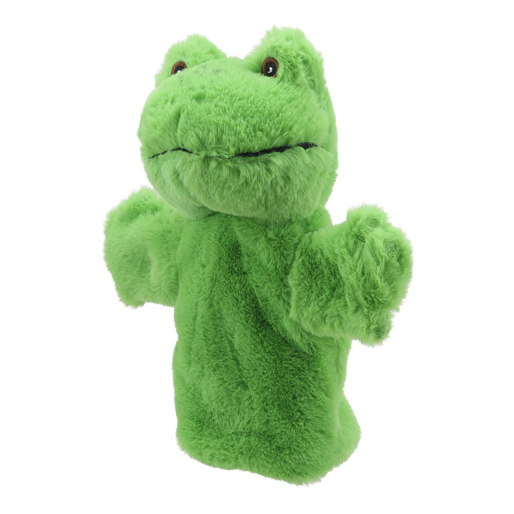 The Puppet Company baby hand puppet frog, front view with a wide mouth and brown eyes
