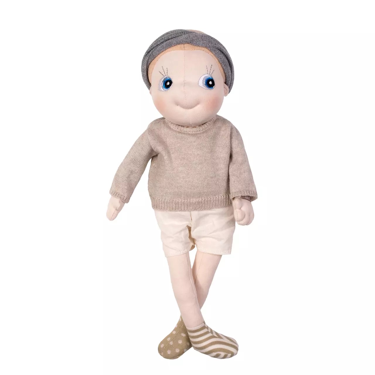 Rubens EcoBuds doll in the beige winter jumper with grey knitted hat