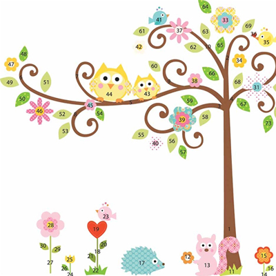 RoomMates wall decal Scroll Tree, curved tree with owls and numbered blossom and leaf motifs, isolated on a white background
