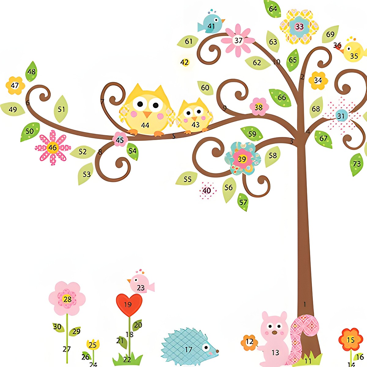 RoomMates wall decal Scroll Tree, curved tree with owls and numbered blossom and leaf motifs, isolated on a white background