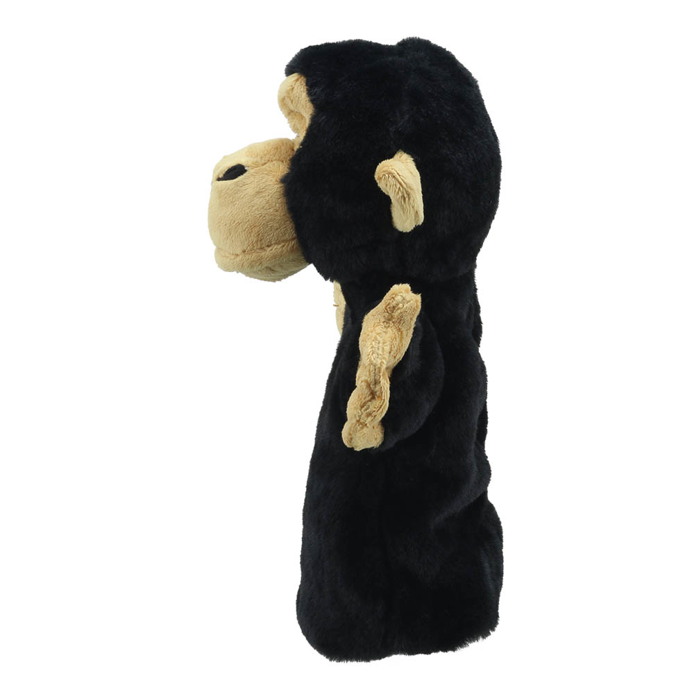 The Puppet Company Baby-Handpuppe Schimpanse, schwarzer Affe mit beigem Gesicht, Seitenansicht