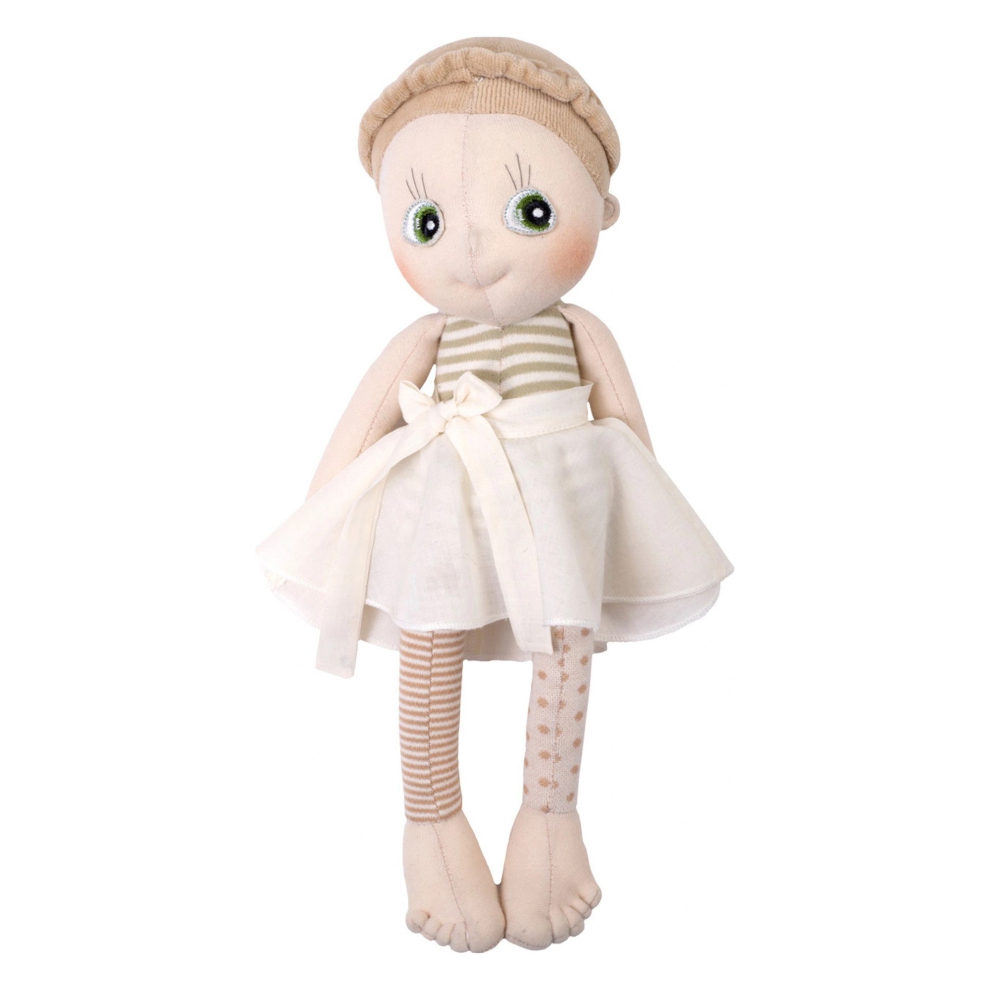 Rubens EcoBuds doll Hazel with light bonnet, striped top and white skirt with bow
