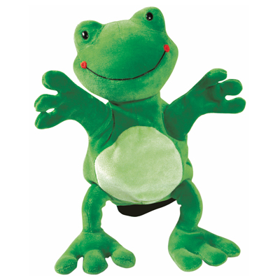 Beleduc Handpuppe Frosch mit grünem Körper, hellgrünem Bauch und ausgebreiteten Armen