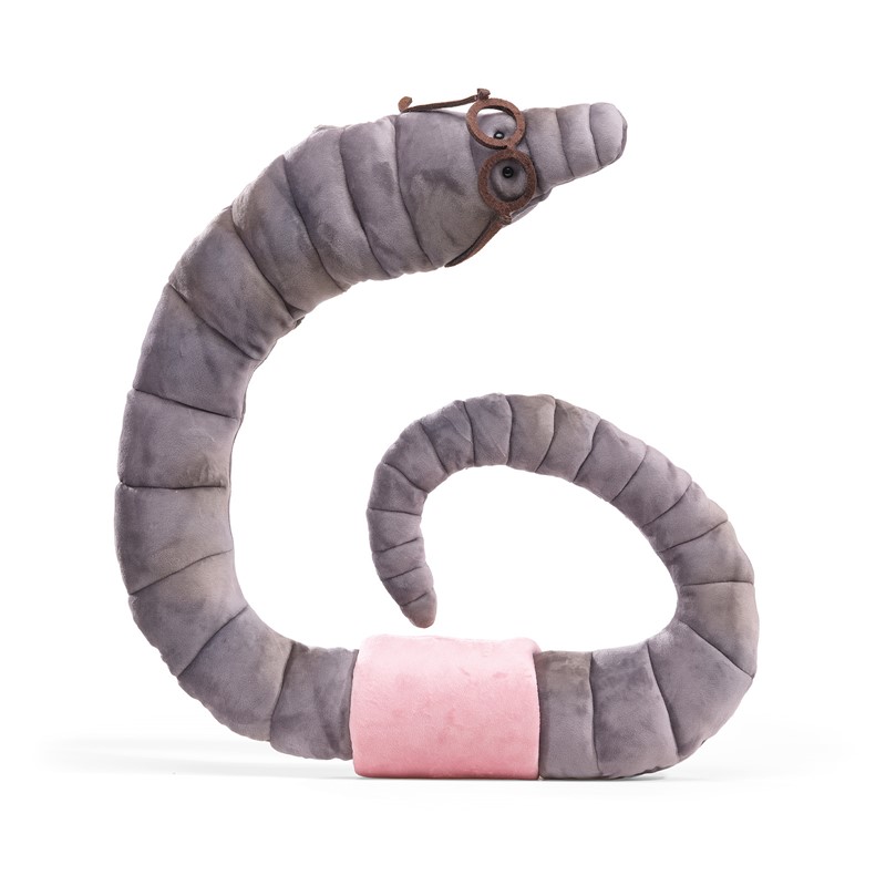 Folkmanis bookworm hand puppet in grey plush with a pink belt and brown wire-frame glasses, coiled in a spiral shape