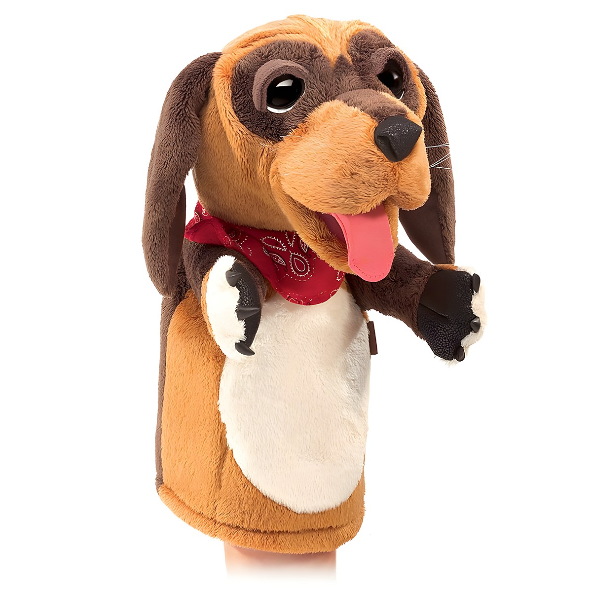 Folkmanis Handpuppe Hund mit braunem Plüschfell, herausgestreckter Zunge und rotem Halstuch, Seitenansicht