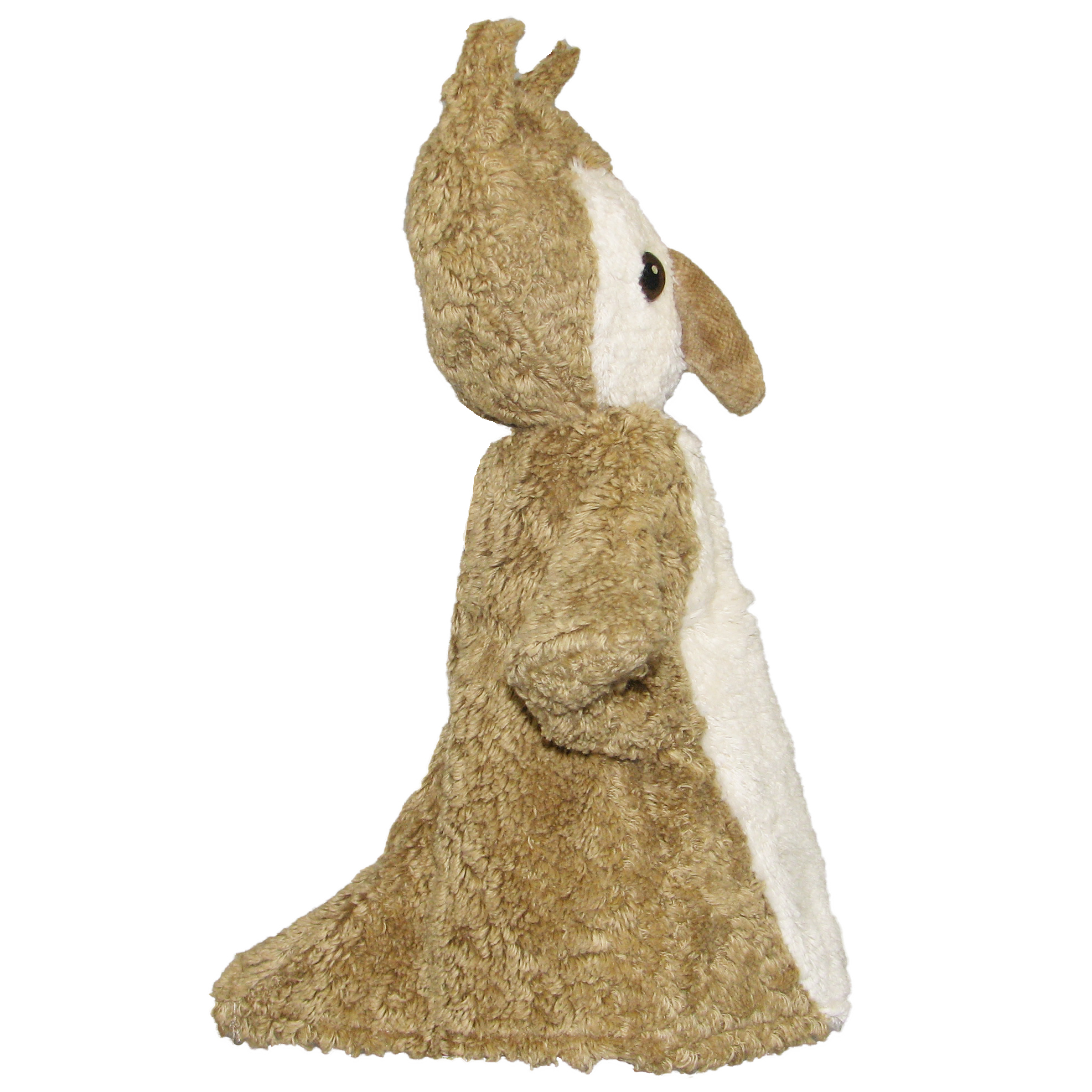 Kallisto Handpuppe Eule beige, Seitenansicht mit spitzen Federohren und beigem Fell