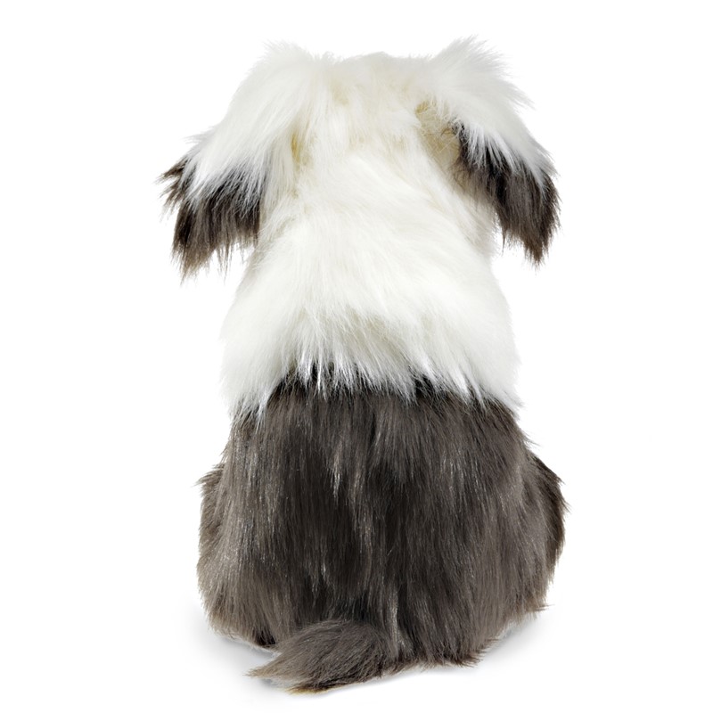 Folkmanis Handpuppe Bobtail von hinten mit weiß-grauem langhaarigem Fell und buschigem Schwanz