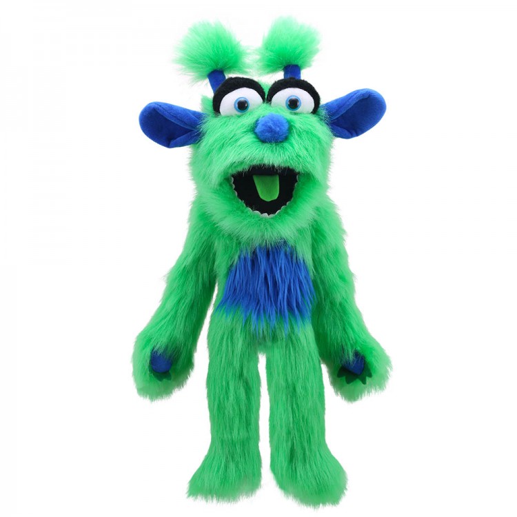 The Puppet Company Handpuppe Monster Grün, grünes zottiges Monster mit blauen Ohren und blauem Bauchfleck