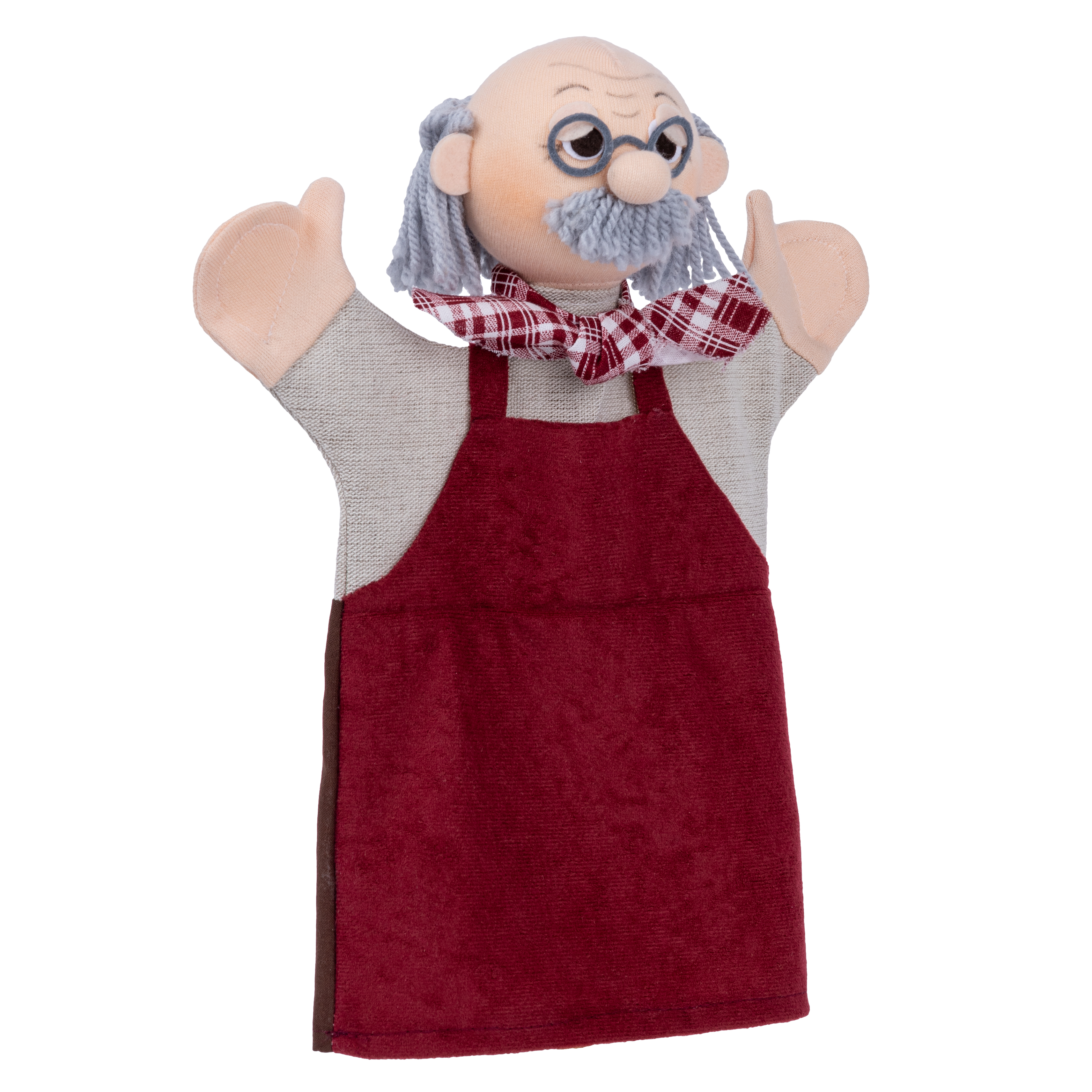 Kasperlepuppe Großvater von munabo mit grauem Schnauzbart, Brille, kariertem Halstuch und weinroter Schürze