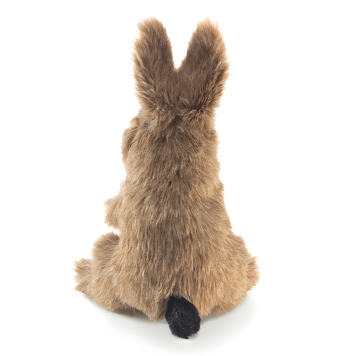 Folkmanis mini jack rabbit finger puppet shown from the back, with brown mottled fur, black tail and upright ears