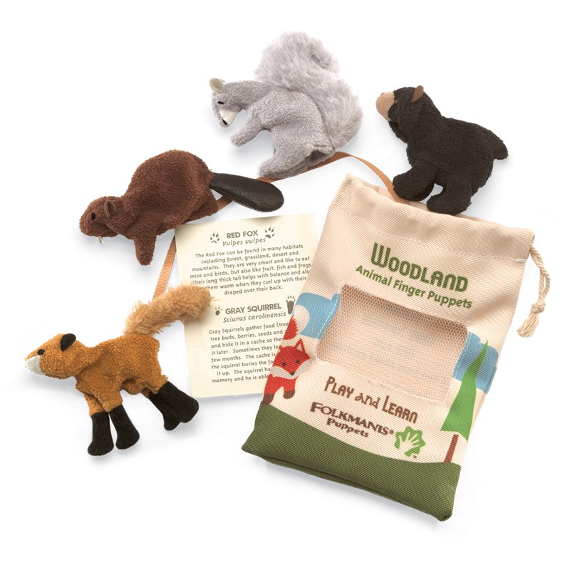 Folkmanis Woodland Fingerpuppen-Set mit Fuchs, Eichhörnchen, Biber und Bär sowie Stoffbeutel und Lernkarte