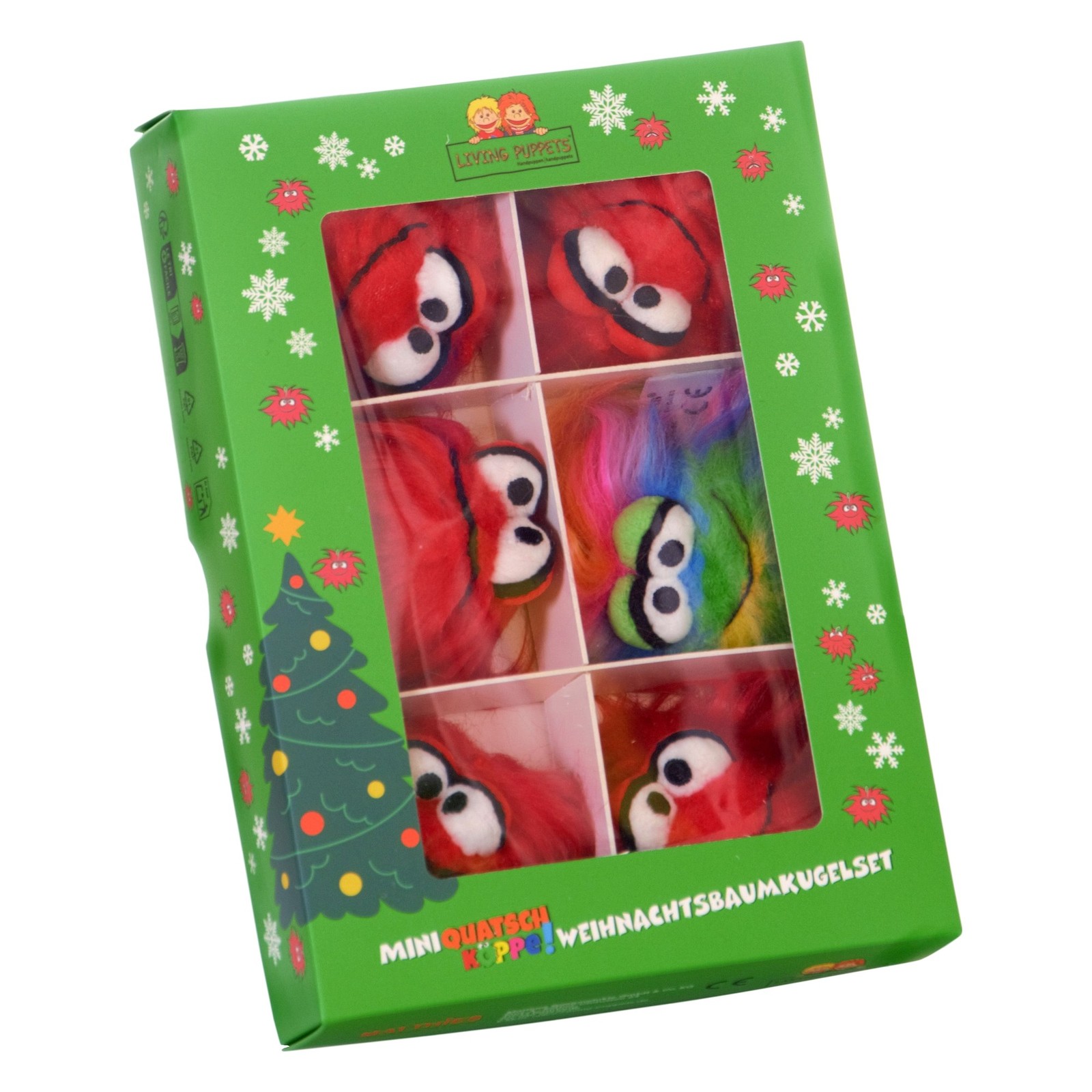 Living Puppets Mini Quatschköppe Christmas tree decorations - box seen at an angle, six compartments holding the red Quatschköppe and the colourful Rainbow