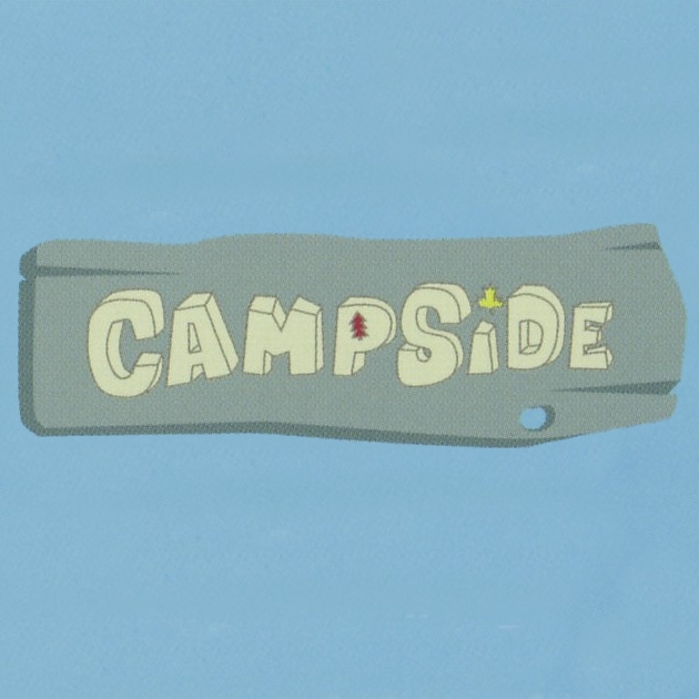 decofun Campside Logo, Schriftzug Campside auf grauem Holzschild vor blauem Hintergrund