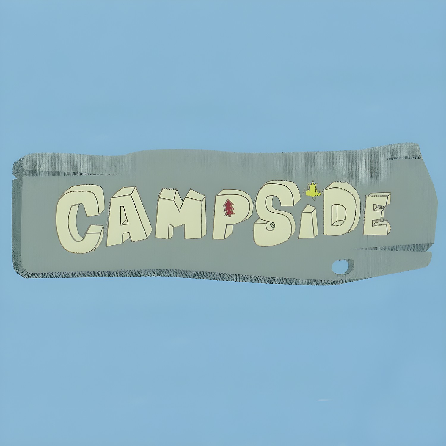 decofun Campside logo, Campside lettering on a grey wooden sign against a blue background