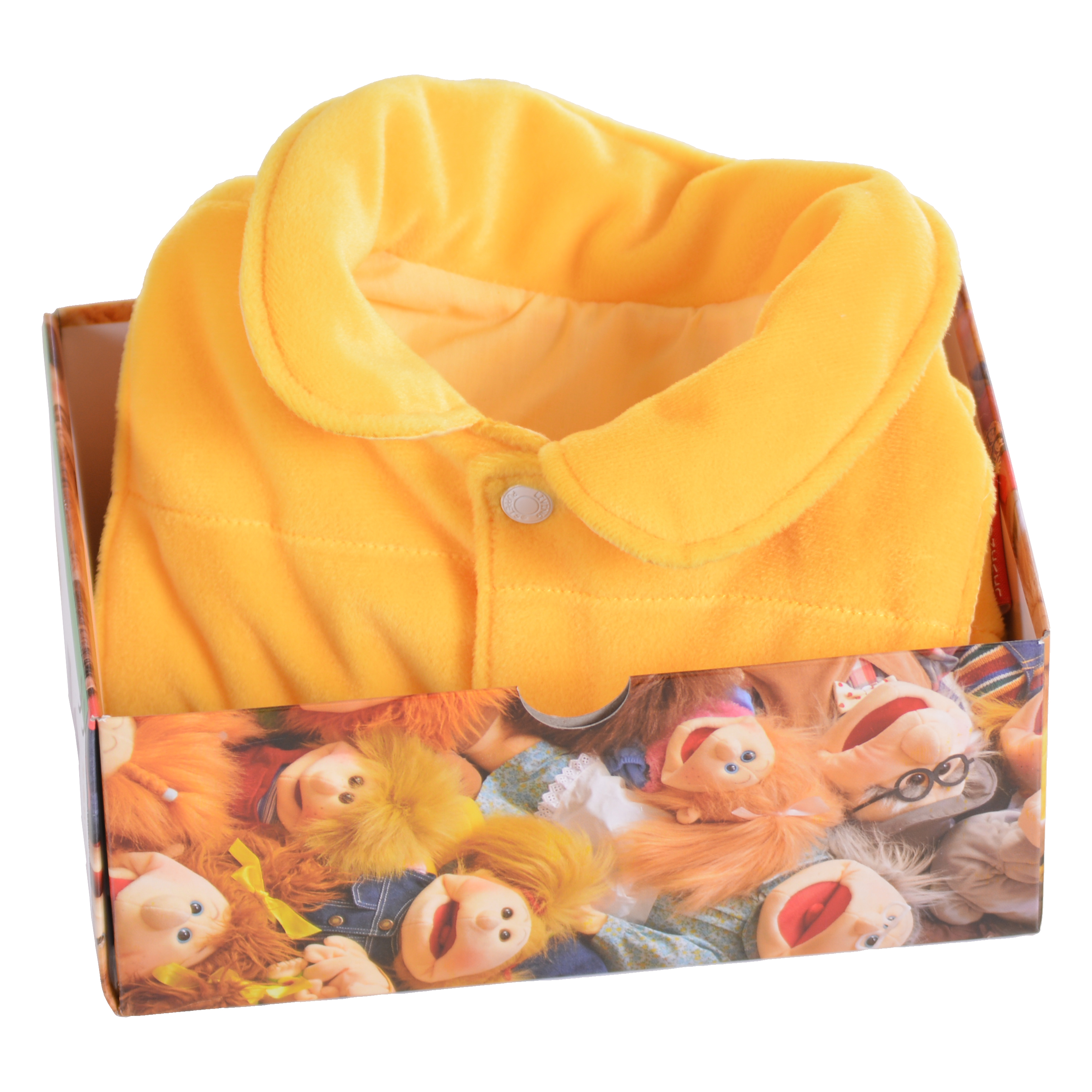 Yellow vest for Living Puppets hand puppets, presented in a gift box with hand puppet motifs, detail view