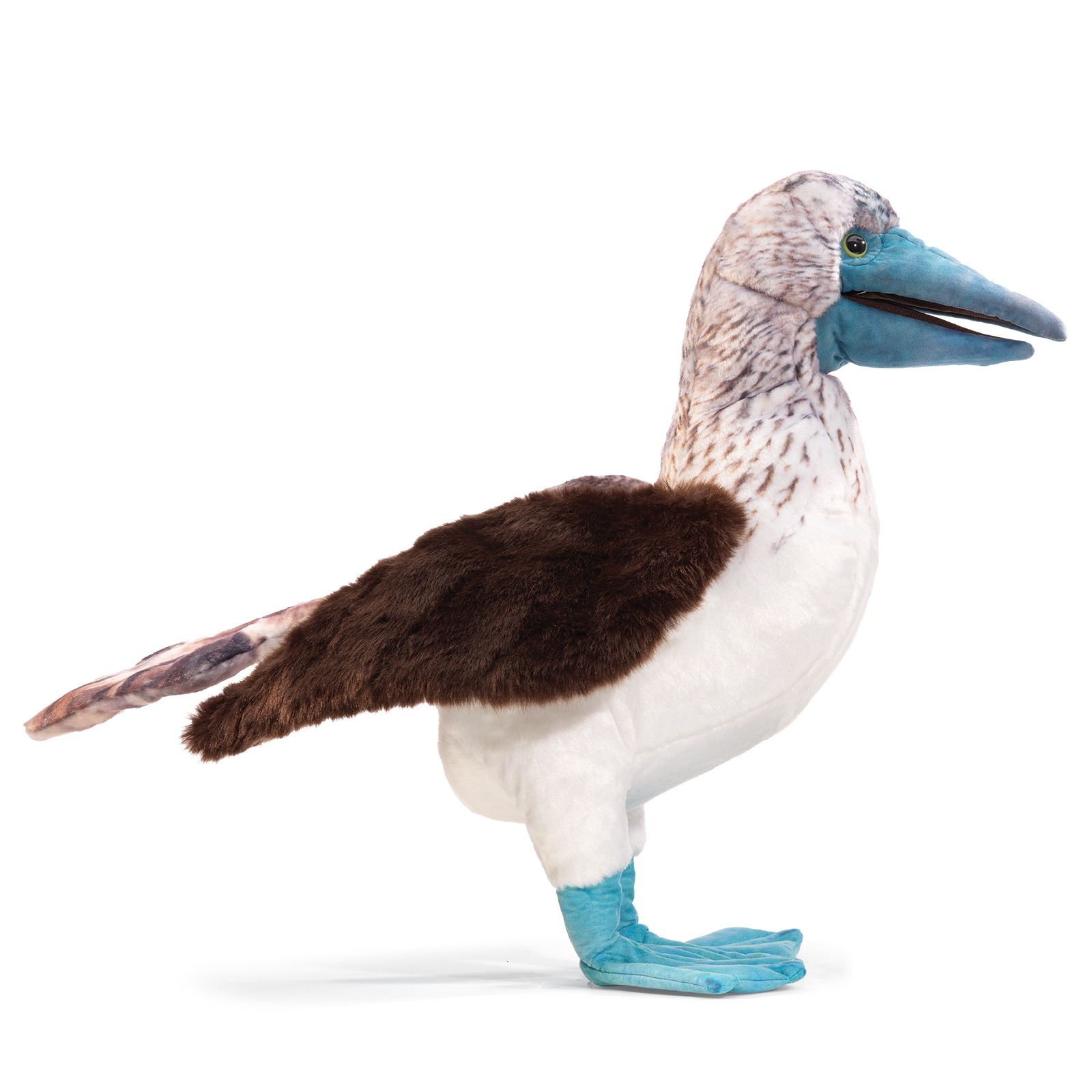 Folkmanis blue-footed booby hand puppet shown in side view with a turquoise-blue beak, brown plumage and characteristic blue webbed feet