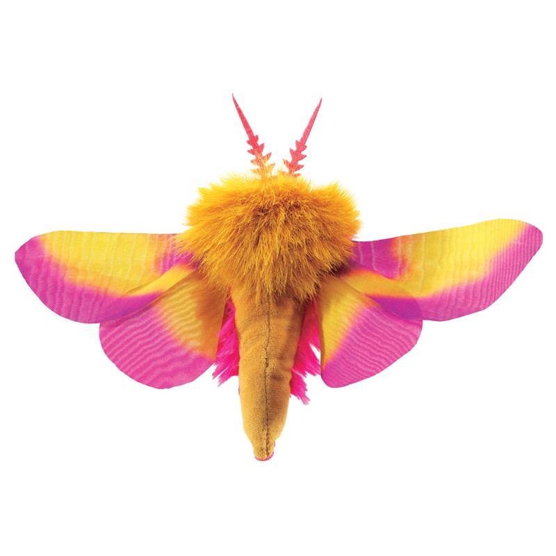 Folkmanis Fingerpuppe Rosa Ahornmotte mit leuchtend pinken und gelben Flügeln sowie fluffigem orangefarbenem Körper, Draufsicht