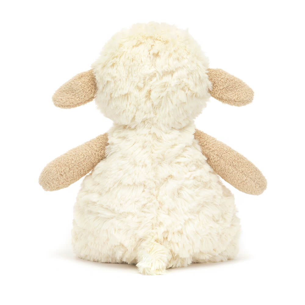 Jellycat Kuscheltier Lamm Lollie Lamb, Rückansicht mit lockigem cremefarbenem Fell und beigen Ohren