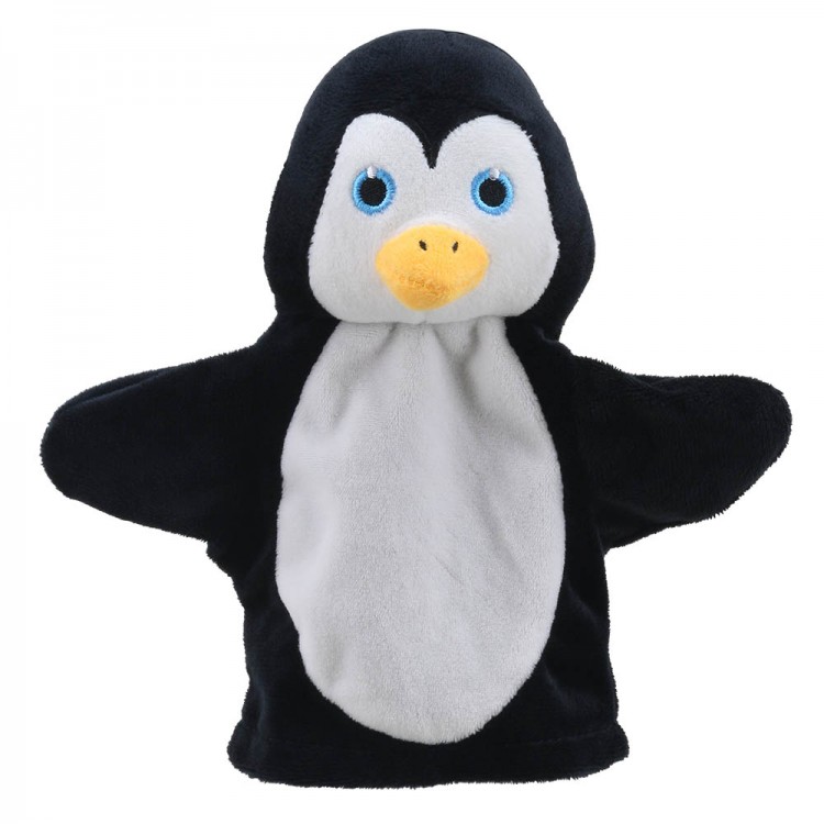 The Puppet Company Baby-Handpuppe Pinguin, schwarz-weiße Handpuppe mit blauen Augen und orangefarbenem Schnabel, Frontansicht