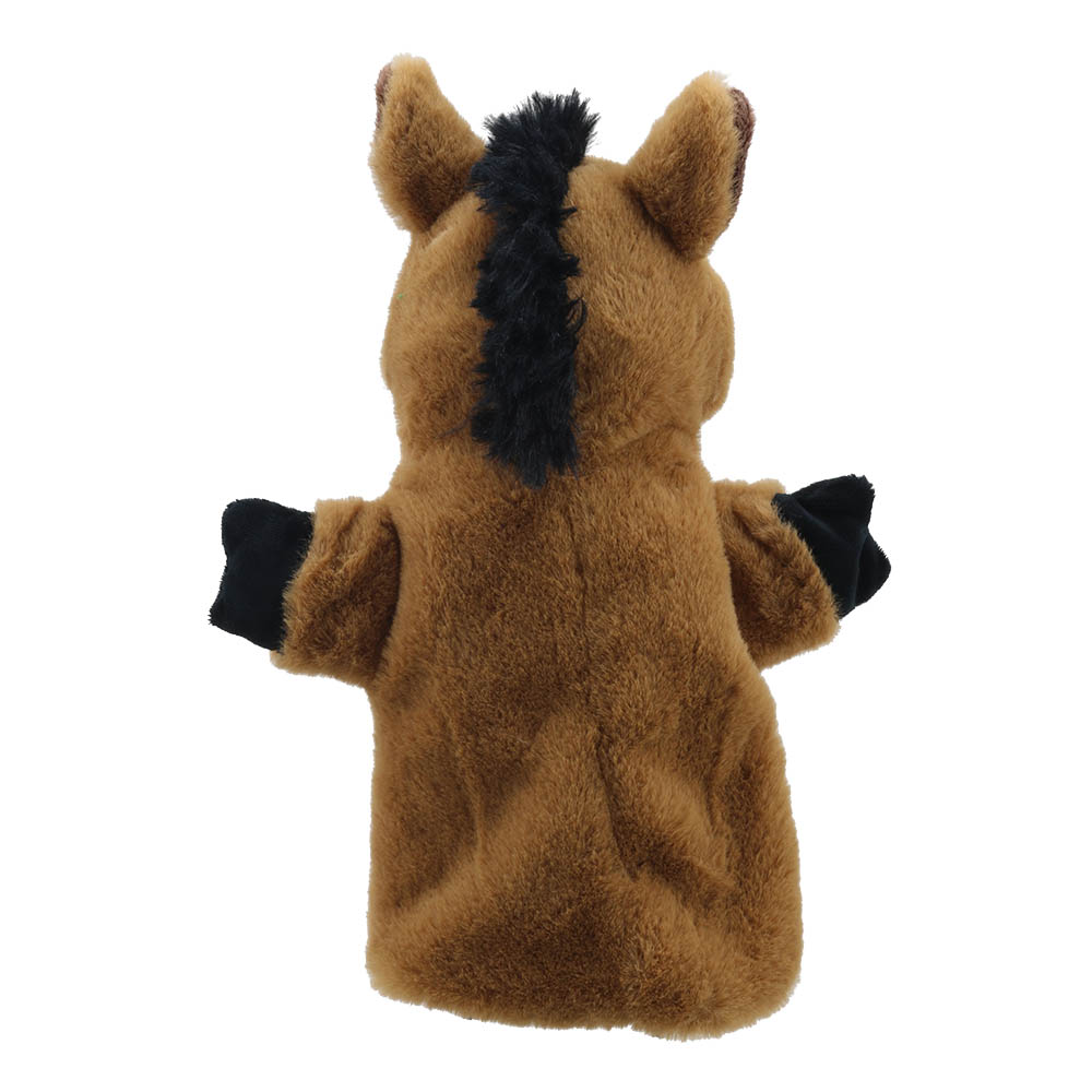 The Puppet Company baby hand puppet horse, brown horse with a black mane, back view