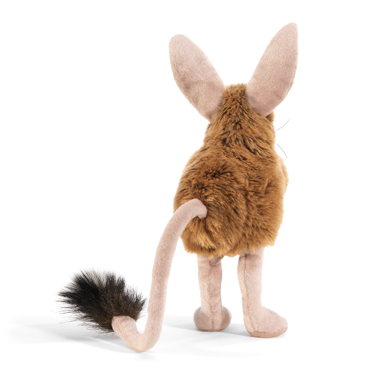 Folkmanis jerboa hand puppet seen from behind: brown fur, large pink ears, long thin tail with a dark tail tuft