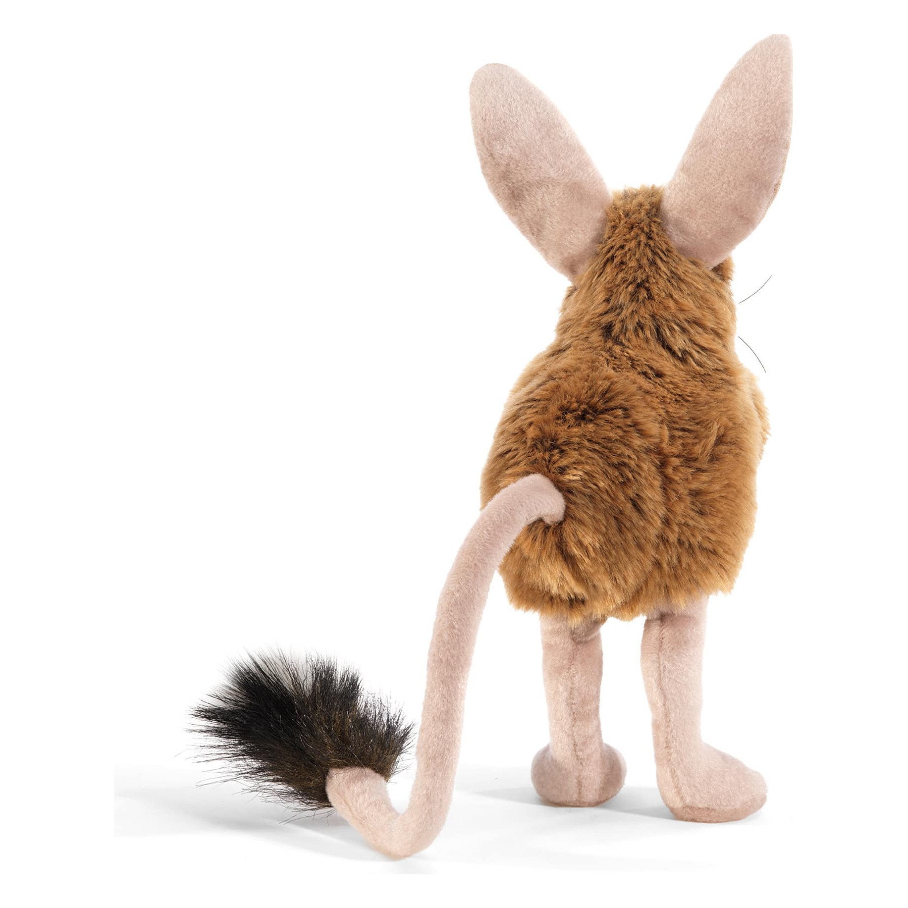 Folkmanis Handpuppe Springmaus von hinten: braunes Fell, große rosa Ohren, langer dünner Schwanz mit dunkler Schwanzquaste