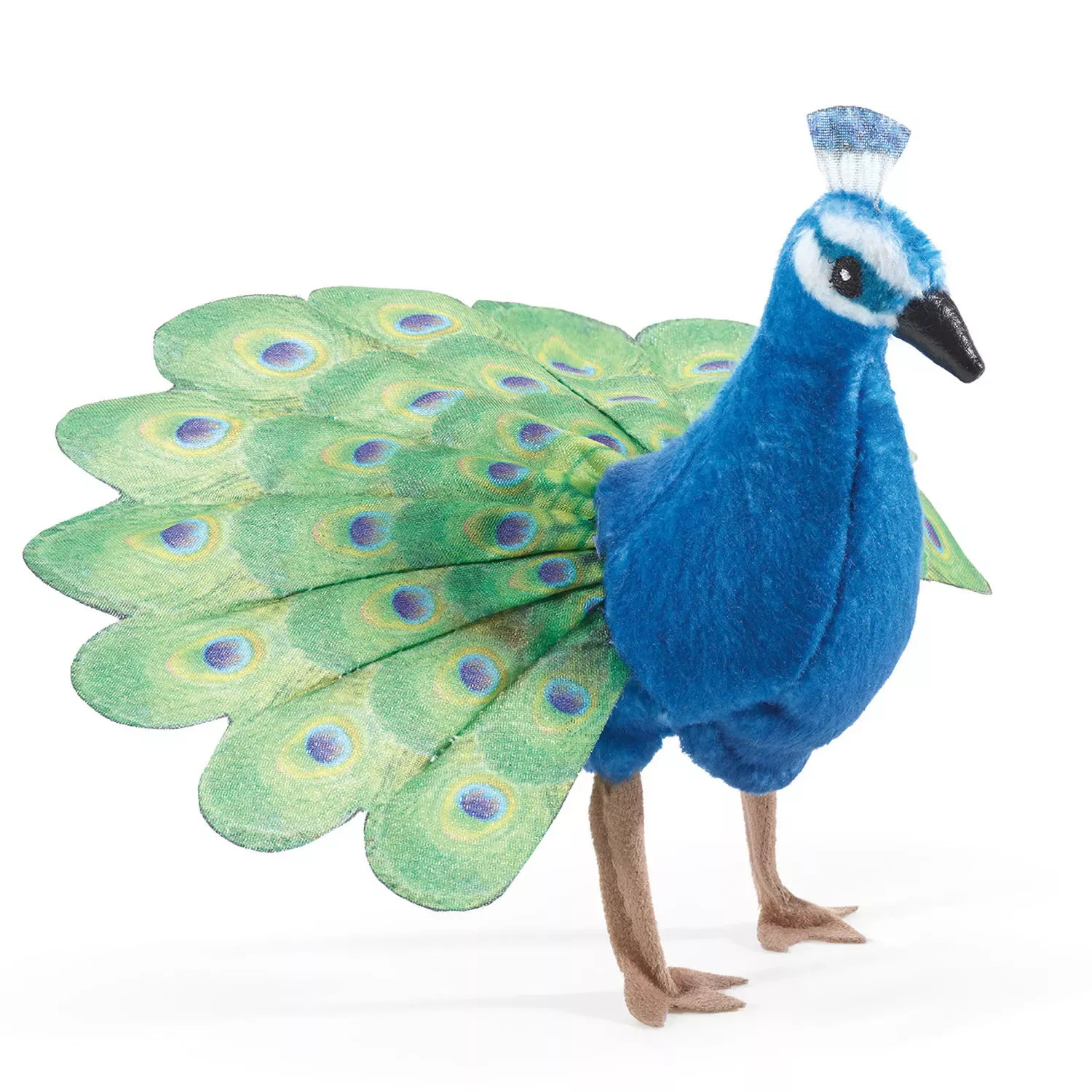 Folkmanis Pfau-Fingerpuppe mit blauem Plüschkörper, aufgefächertem grünen Schwanzrad mit Augenflecken und blauem Federkrönchen, Seitenansicht