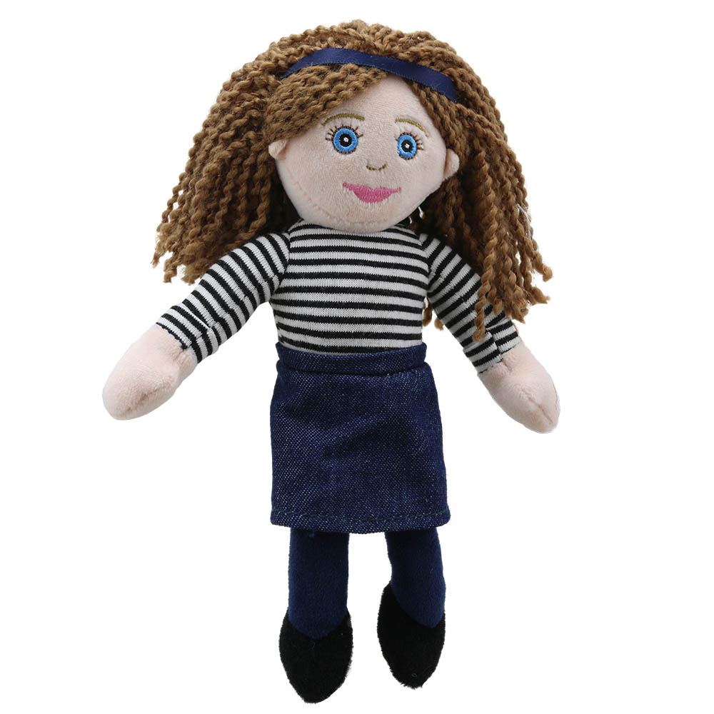 The Puppet Company finger puppet Mum, puppet with curly brown hair, striped top and denim skirt