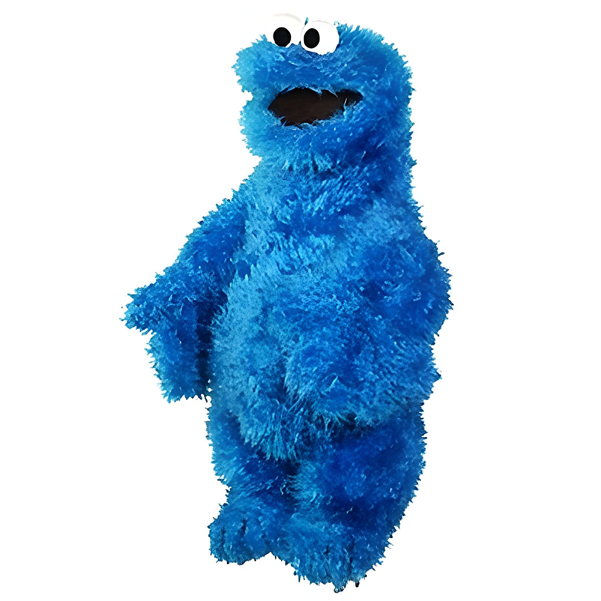 Living Puppets Handpuppe Kleines Krümelmonster aus der Sesamstraße mit blauem Zottelfell und geöffnetem schwarzem Mund, stehend