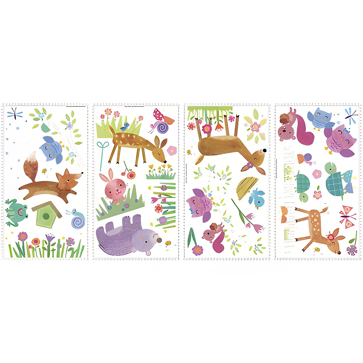 RoomMates wall decal Woodland Baby, four decal sheets with woodland animal, flower and birdhouse motifs on a white background
