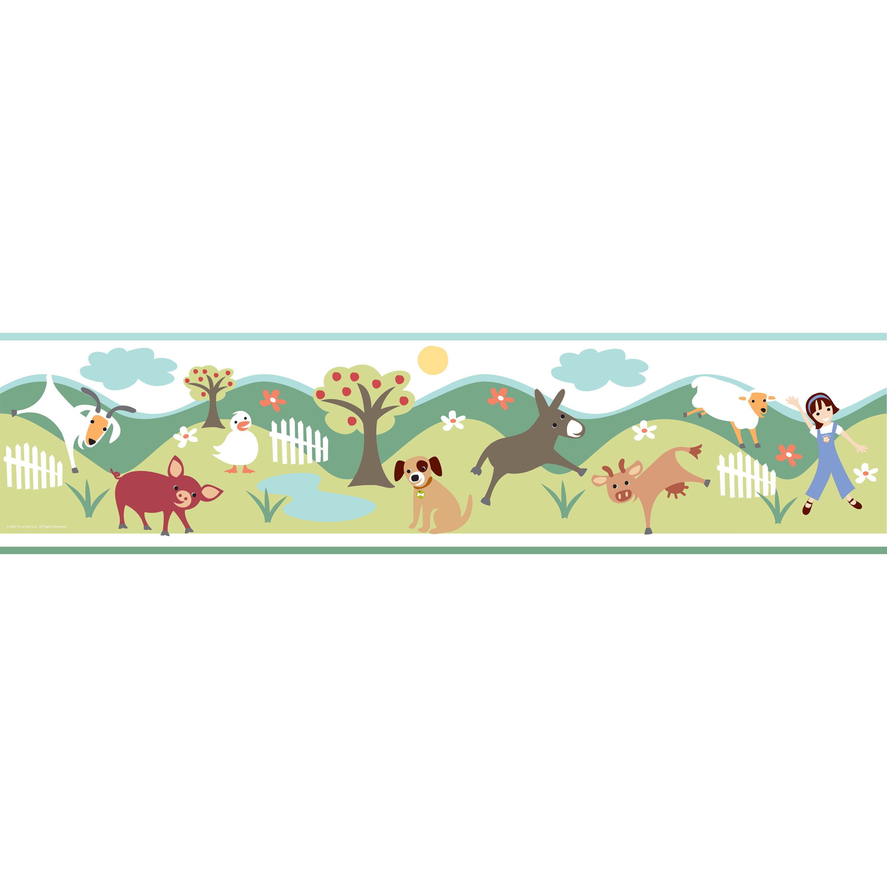 RoomMates border Gem's Friends Farm, close-up of the illustrated border strip with trees, a cloud and a duck