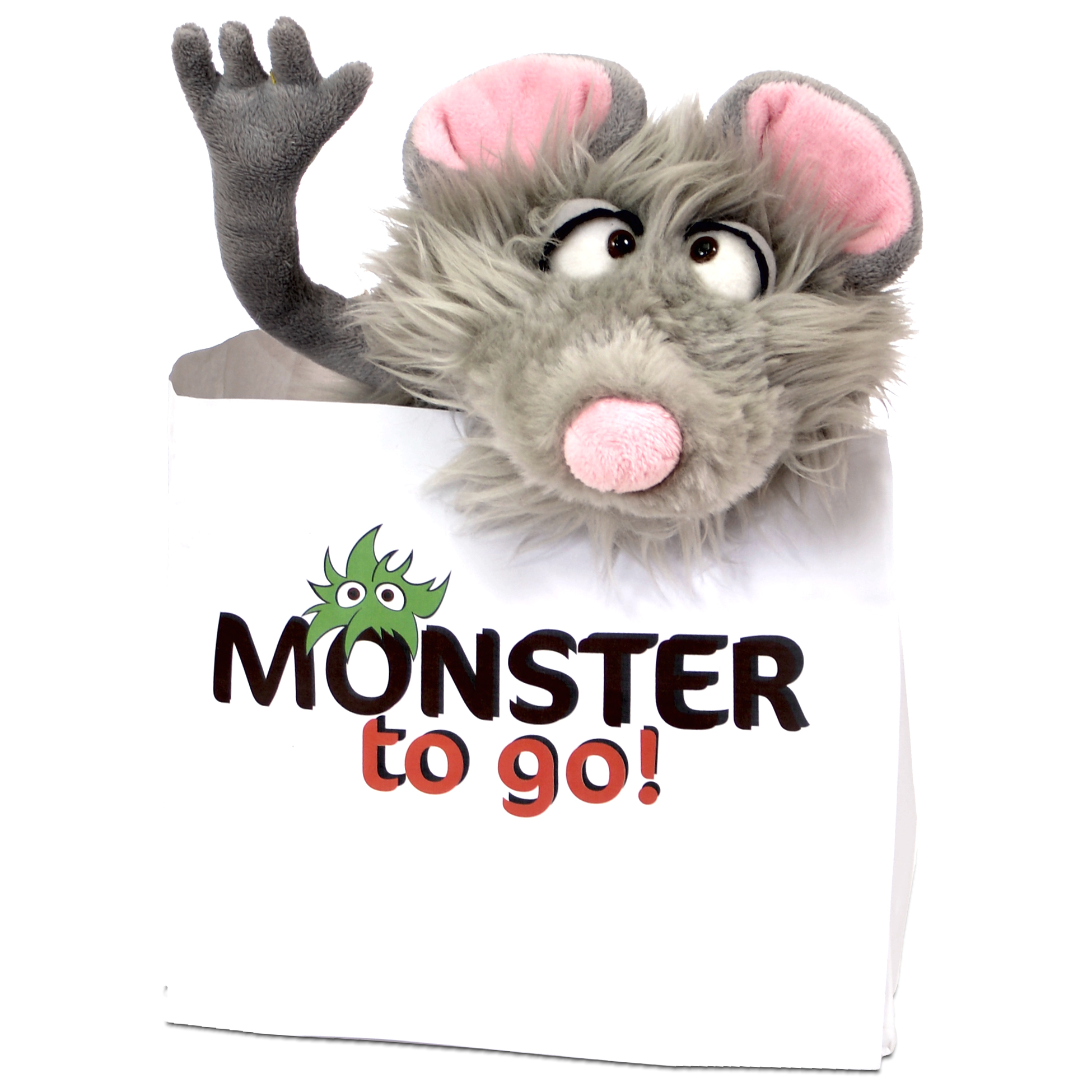 Living Puppets Handpuppe Tüddel, graue Zottelmaus, winkt aus der Monster-to-go-Tüte