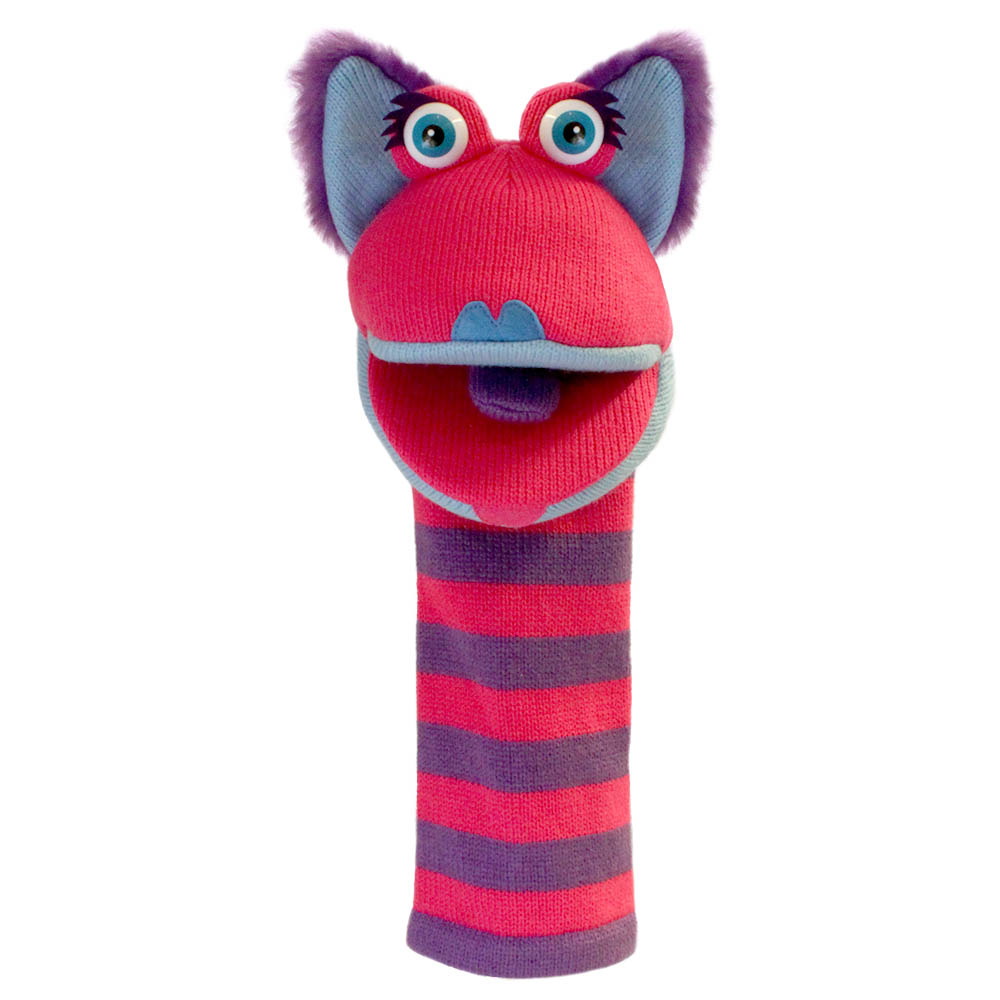 The Puppet Company Sockenhandpuppe Kitty, pinkfarbenes Monster mit großen violetten Ohren und gestreiftem Körper