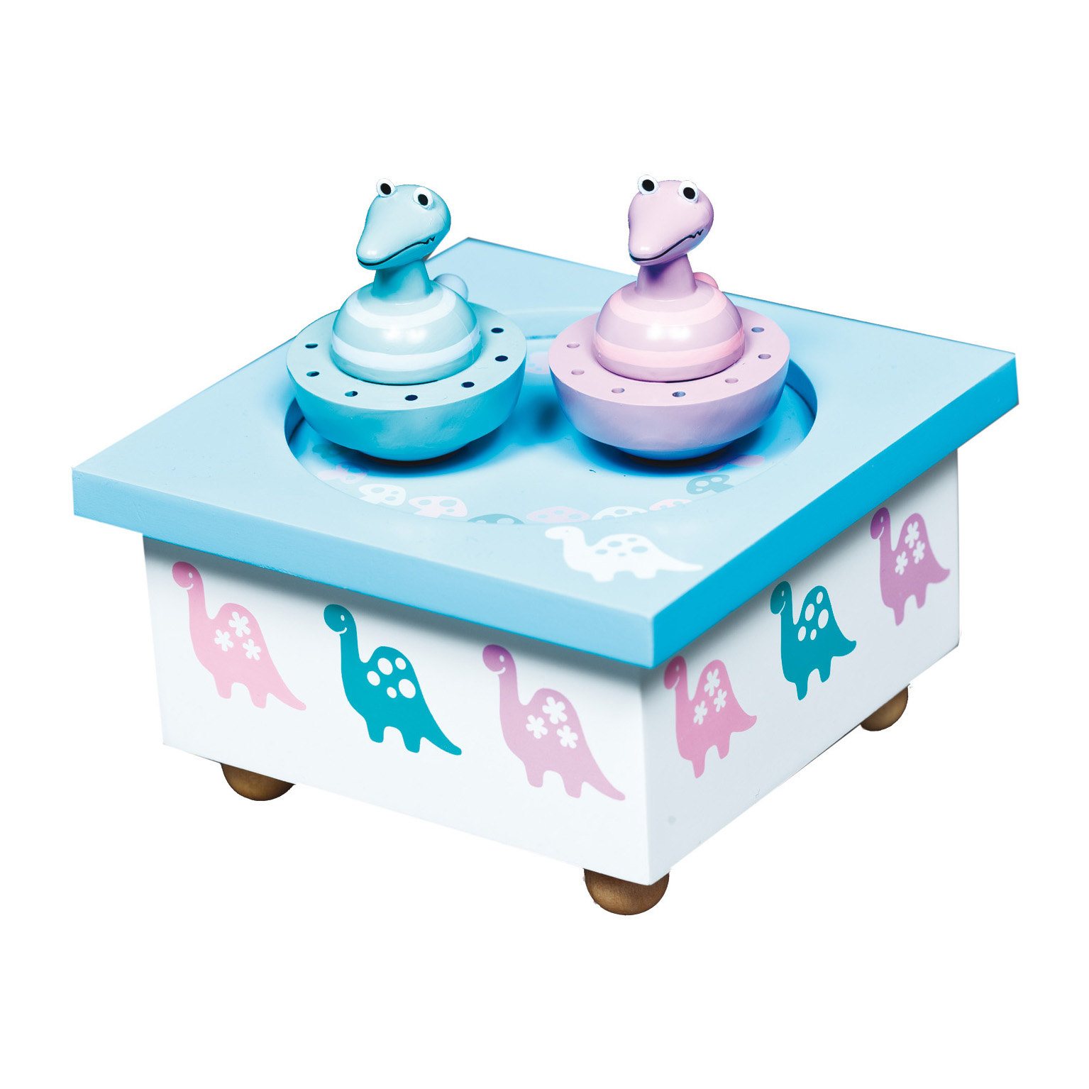 Trousselier music box crocodile, light blue wooden box with a dinosaur print and two rotating crocodile figures in blue and pink