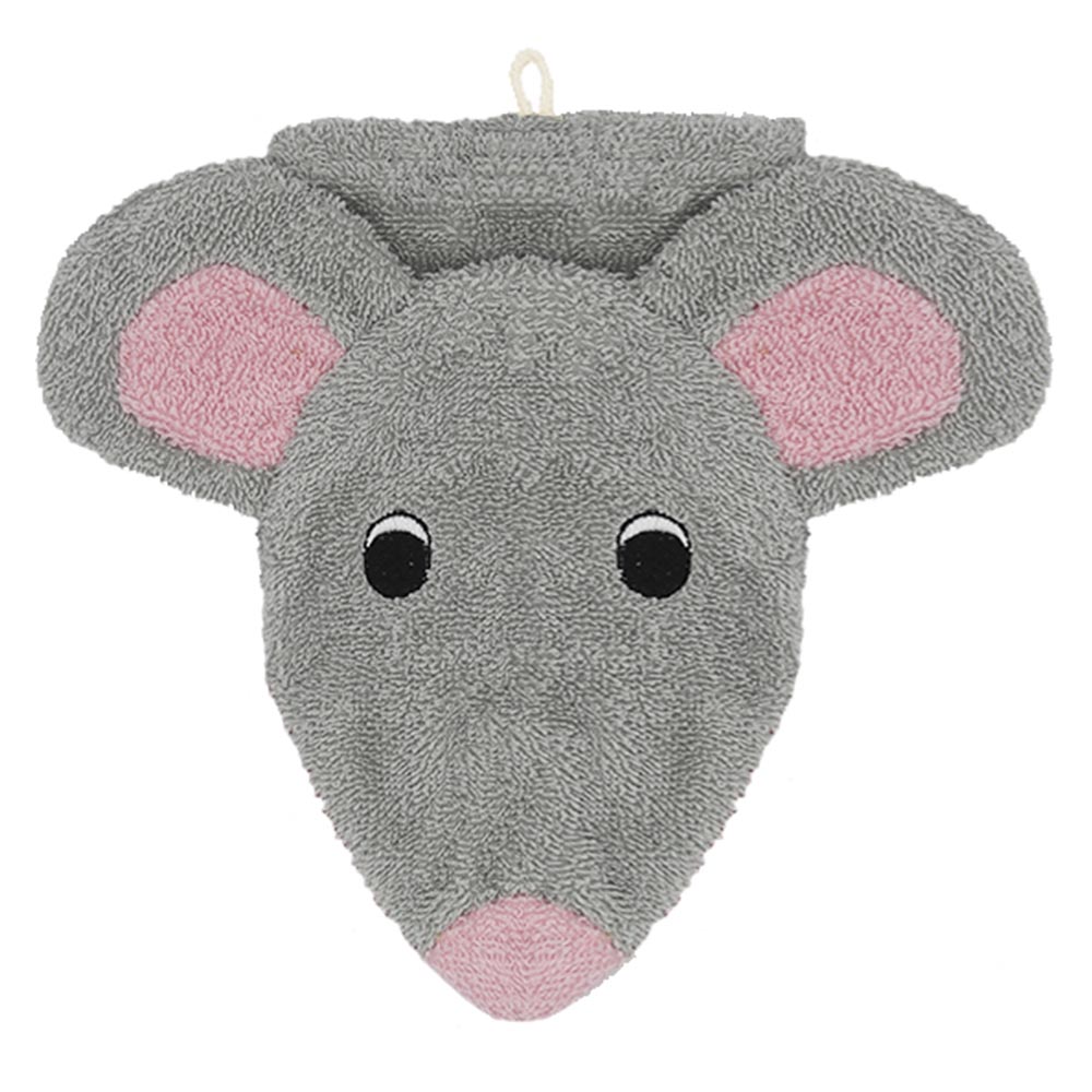 Fürnis organic washcloth mouse Mona, grey shape with large pink-lined ears and pink nose tip