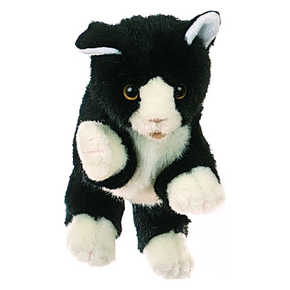 Living Puppets Handpuppe schwarz-weiße Katze mit weißer Schnauze, weißen Pfoten und bernsteinfarbenen Augen, Frontansicht