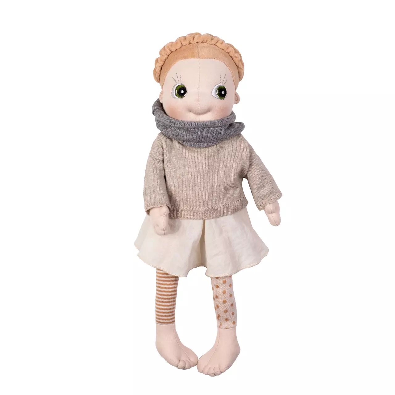 Rubens EcoBuds doll in the winter jumper with grey snood and white skirt